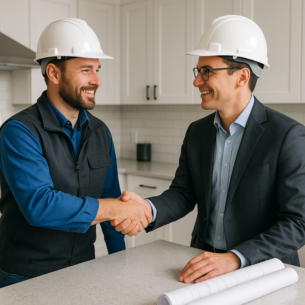 A builder and client shaking hands across a kitche